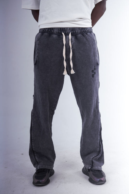 Grey Stone-Washed Zipper-Pants